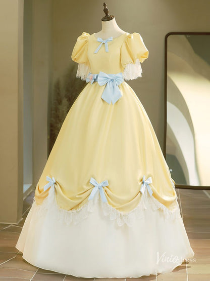 Cute Yellow Puffed Sleeve Prom Ball Gown Bow Tie Lace Quinceanera Dresses BG021-prom dresses 2025 -Viniodress-Yellow-Custom Size-