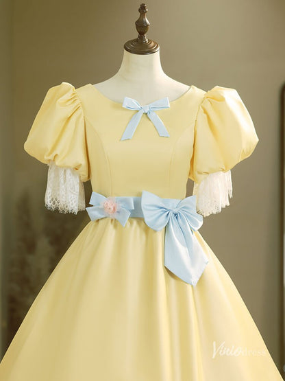 Cute Yellow Puffed Sleeve Prom Ball Gown Bow Tie Lace Quinceanera Dresses BG021-prom dresses 2025 -Viniodress-Yellow-Custom Size-