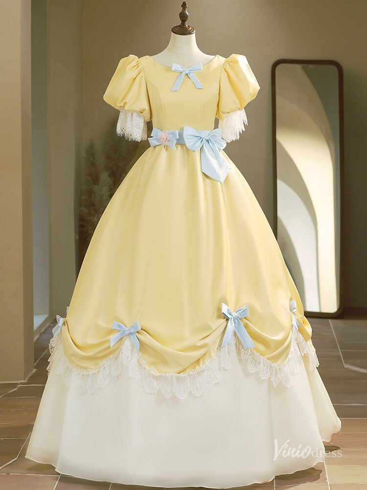 Cute Yellow Puffed Sleeve Prom Ball Gown Bow Tie Lace Quinceanera Dresses BG021-prom dresses 2025 -Viniodress-Yellow-Custom Size-
