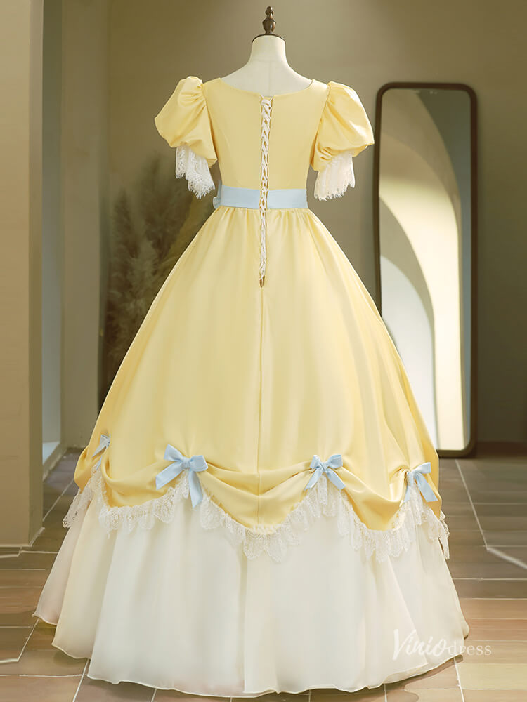 Prom Dress 2025 Cute Yellow Puffed Sleeve Prom Ball Gown Bow Tie Lace Quinceanera Dresses BG021-unique prom dresses-Yellow-Custom Size-Viniodress