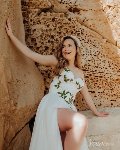 Daisy Meadow Embroidered Chiffon Wedding Dresses Strapless Beach Bridal Gown FW210-wedding dresses 2025 -Viniodress-Ivory-Custom Size-