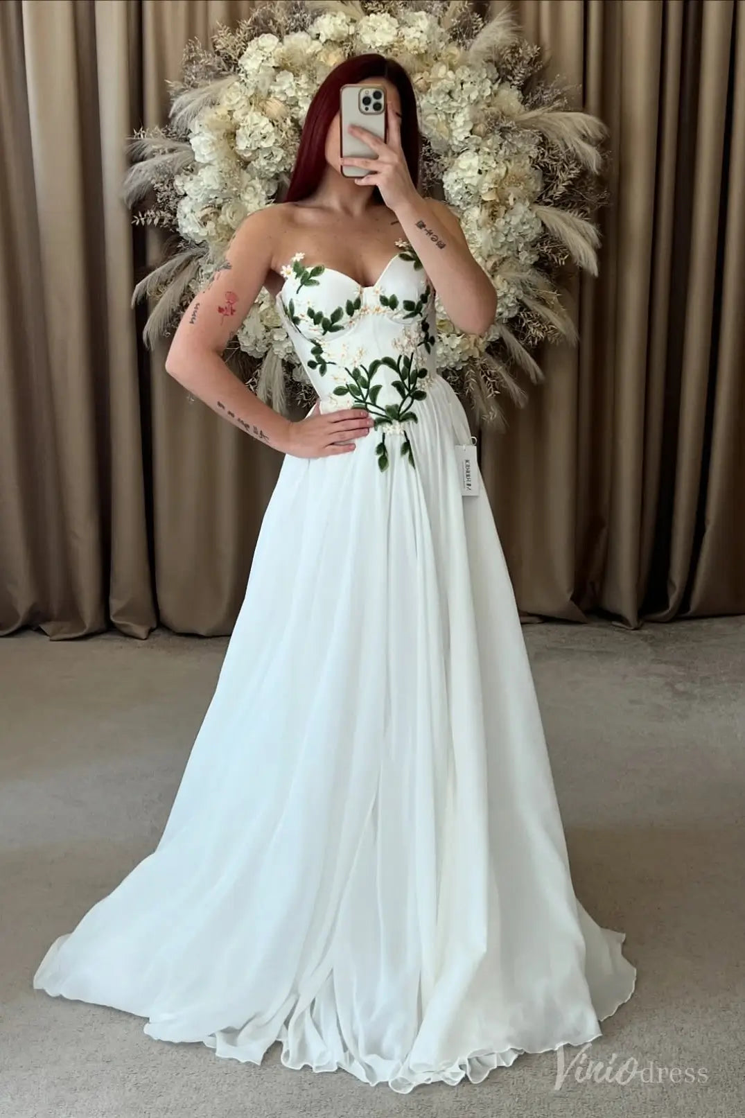 Daisy Meadow Embroidered Chiffon Wedding Dresses Strapless Beach Bridal Gown FW210-wedding dresses 2025 -Viniodress-Ivory-Custom Size-