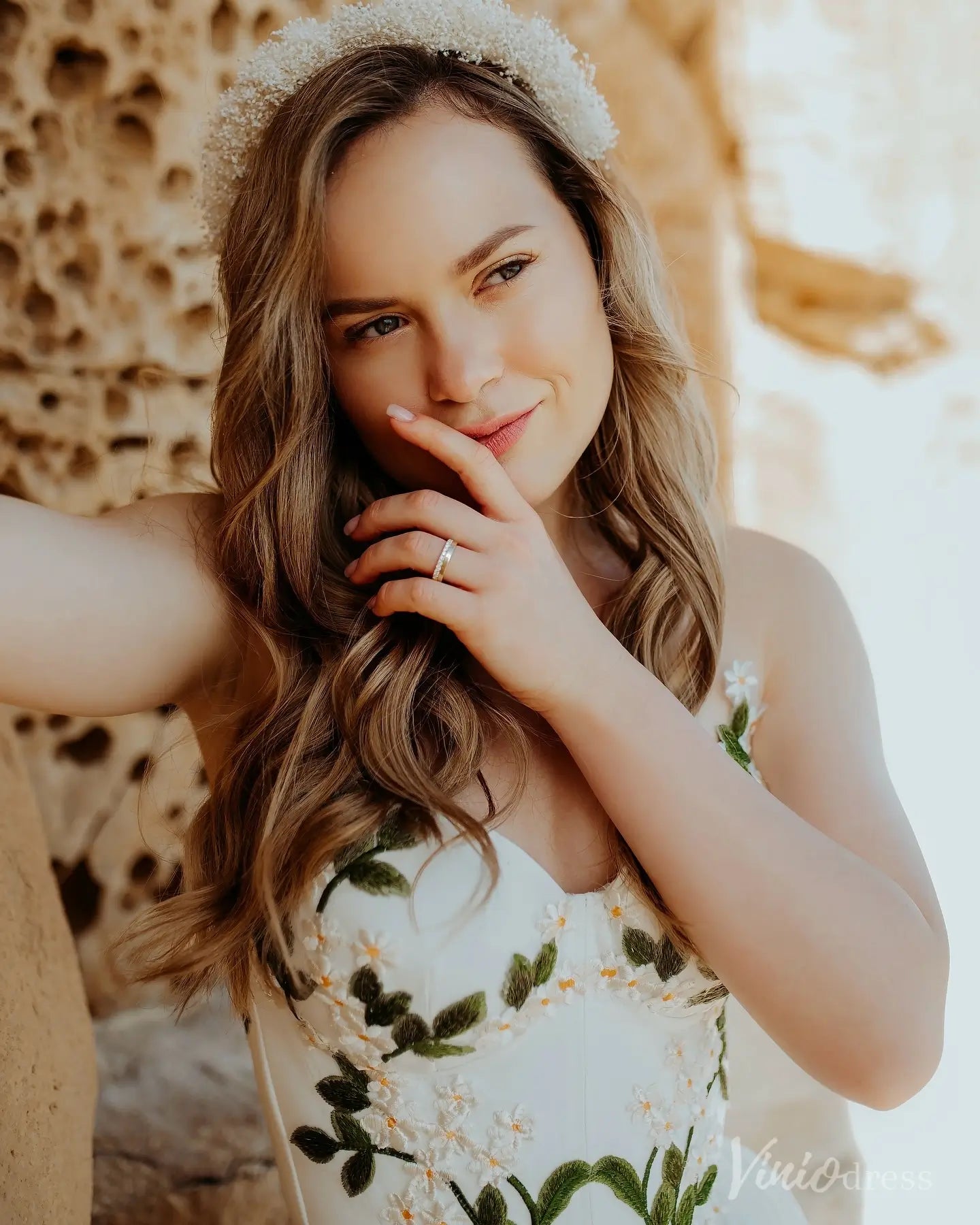 Daisy Meadow Embroidered Chiffon Wedding Dresses Strapless Beach Bridal Gown FW210-wedding dresses 2025 -Viniodress-Ivory-Custom Size-