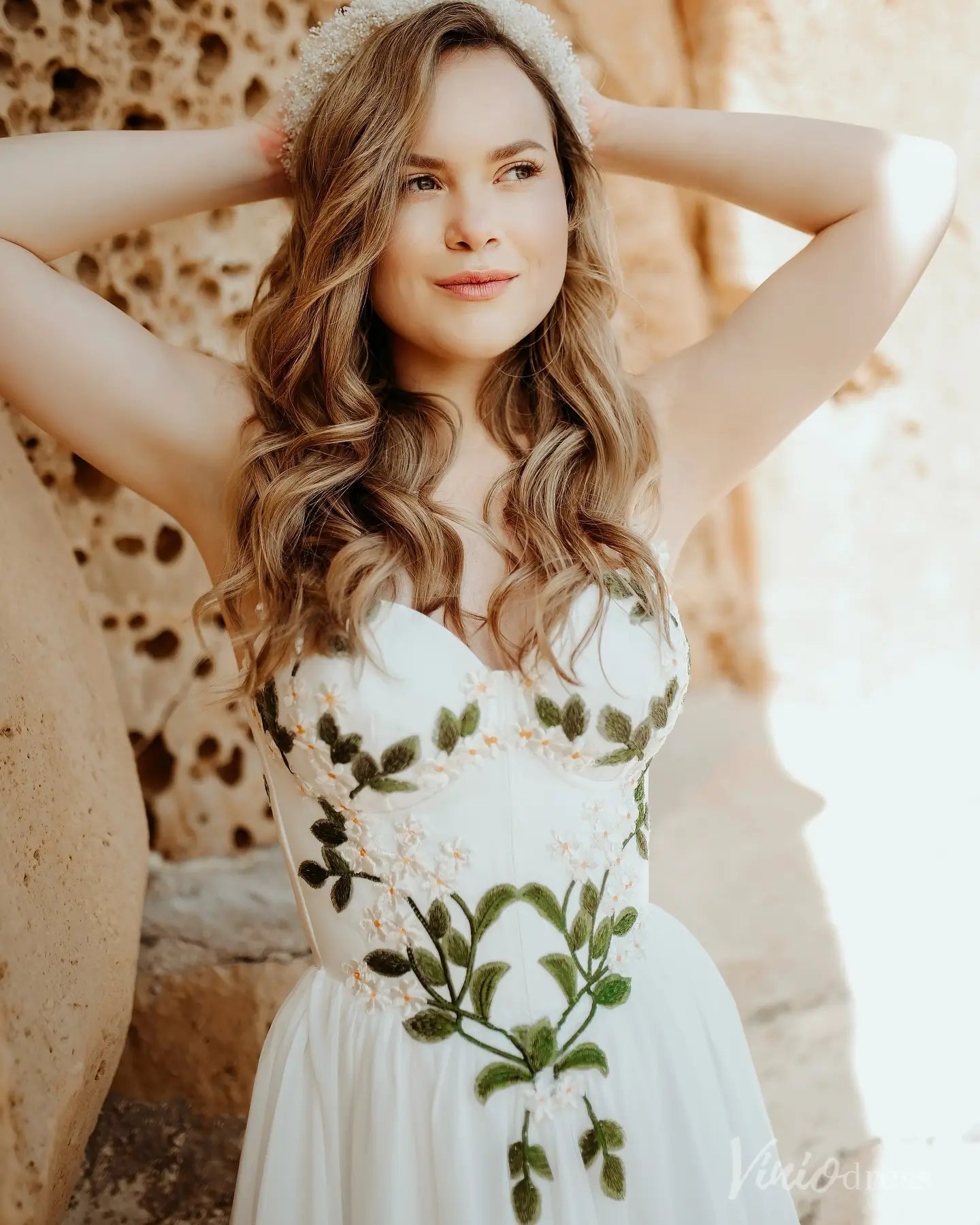 Daisy Meadow Embroidered Chiffon Wedding Dresses Strapless Beach Bridal Gown FW210-wedding dresses 2025 -Viniodress-Ivory-Custom Size-