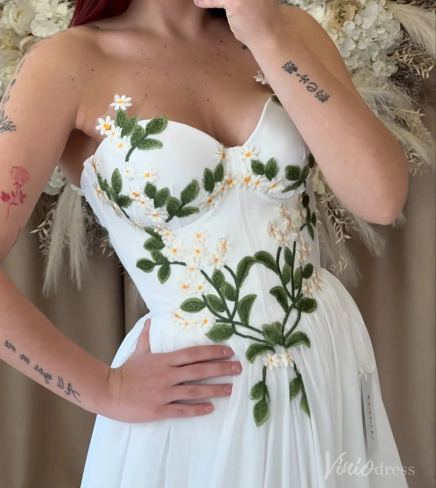 Daisy Meadow Embroidered Chiffon Wedding Dresses Strapless Beach Bridal Gown FW210-wedding dresses 2025 -Viniodress-Ivory-Custom Size-