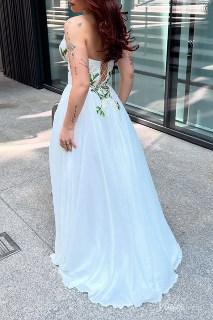 Daisy Meadow Embroidered Chiffon Wedding Dresses Strapless Beach Bridal Gown FW210-wedding dresses 2025 -Viniodress-Ivory-Custom Size-