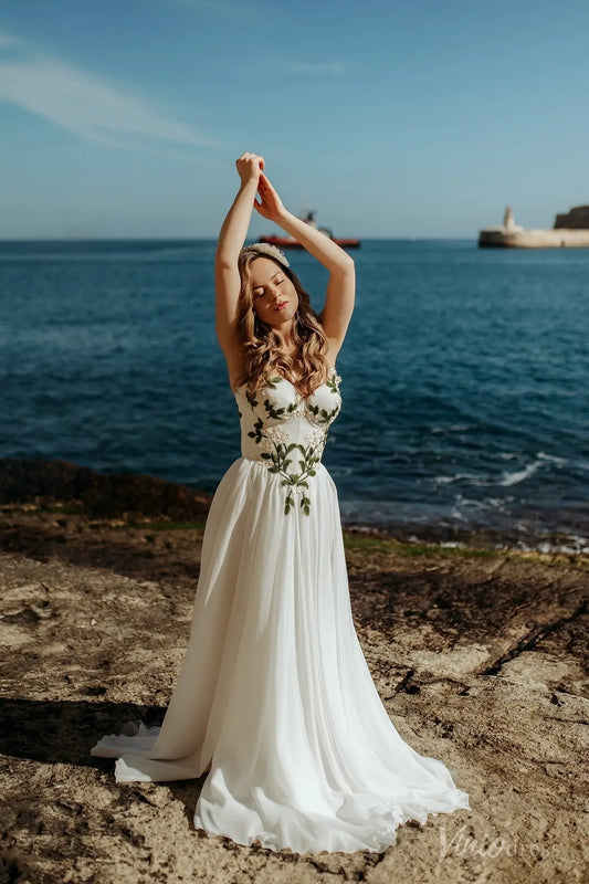 Daisy Meadow Embroidered Chiffon Wedding Dresses Strapless Beach Bridal Gown FW210-wedding dresses 2025 -Viniodress-Ivory-Custom Size-
