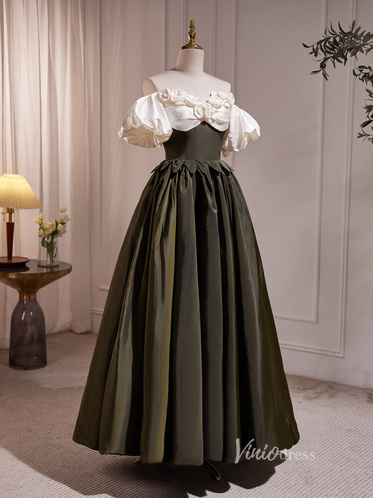 Dark Army Green Prom Dresses Puff Sleeve Vintage Formal Gown BJ009-prom dresses 2025 -Viniodress-Green-Custom Size-