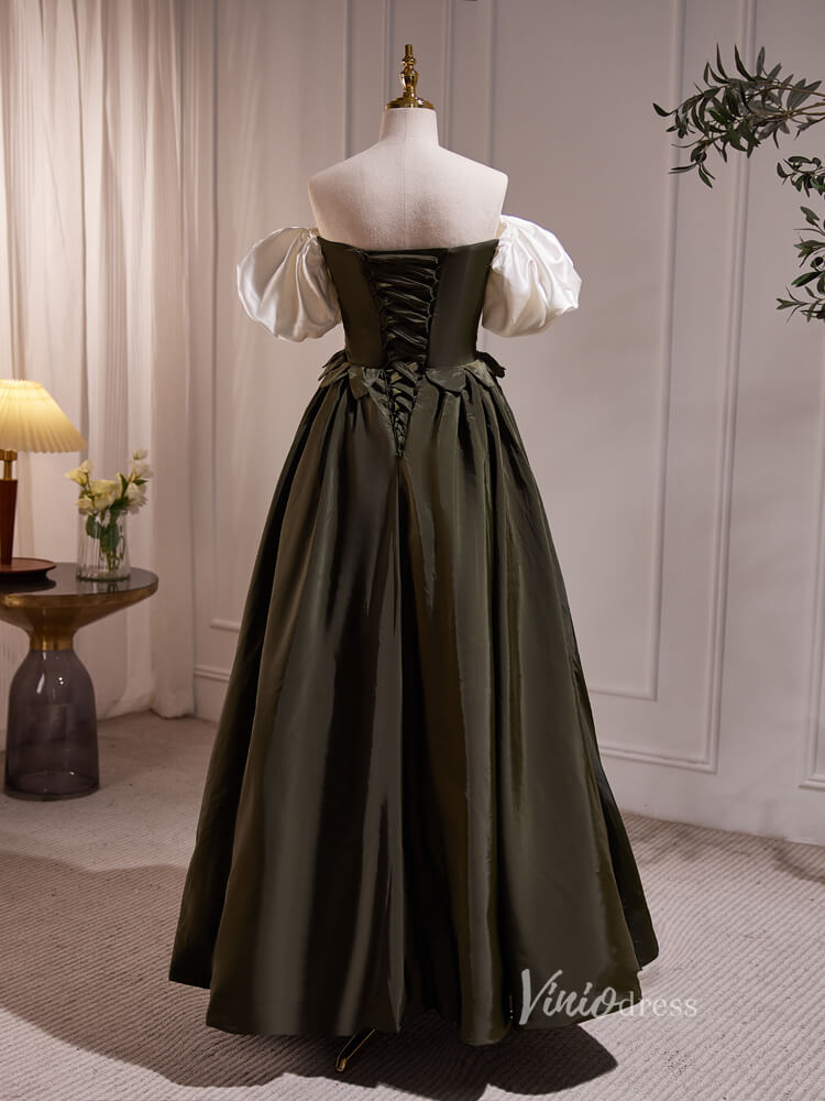 Dark Army Green Prom Dresses Puff Sleeve Vintage Formal Gown BJ009-prom dresses 2025 -Viniodress-Green-Custom Size-