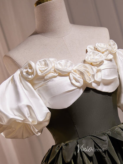 Dark Army Green Prom Dresses Puff Sleeve Vintage Formal Gown BJ009-prom dresses 2025 -Viniodress-Green-Custom Size-