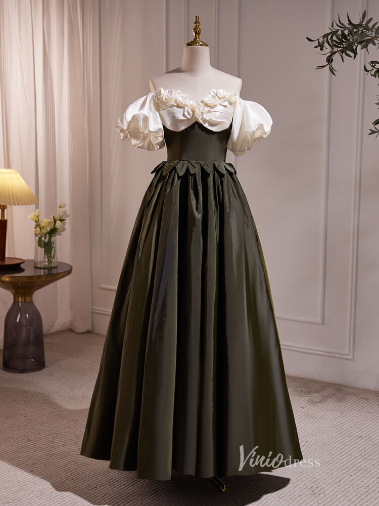 Dark Army Green Prom Dresses Puff Sleeve Vintage Formal Gown BJ009-prom dresses 2025 -Viniodress-Green-Custom Size-