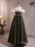 Dark Army Green Prom Dresses Puff Sleeve Vintage Formal Gown BJ009