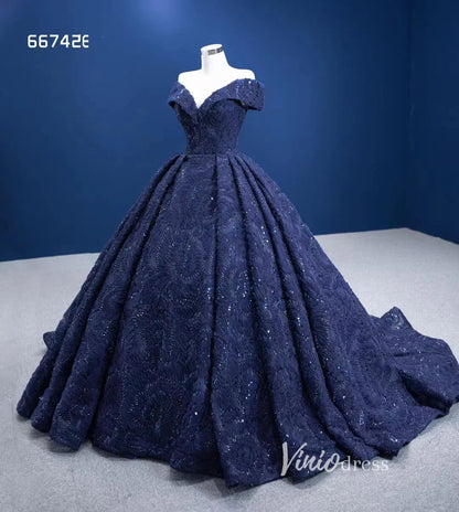 Dark Blue Ball Gown Wedding Dress Off the Shoulder Sweet 16 Dress 66742E-Quinceanera Dresses 2025 -Viniodress-Navy Blue-Custom Size-