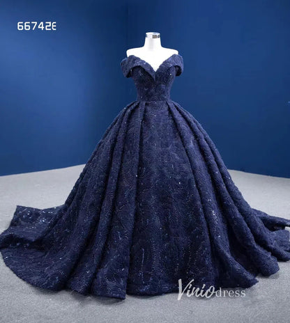 Dark Blue Ball Gown Wedding Dress Off the Shoulder Sweet 16 Dress 66742E-Quinceanera Dresses 2025 -Viniodress-Navy Blue-Custom Size-