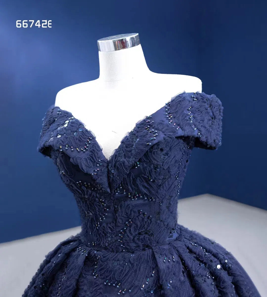 Dark Blue Ball Gown Wedding Dress Off the Shoulder Sweet 16 Dress 66742E-Quinceanera Dresses 2025 -Viniodress-Navy Blue-Custom Size-