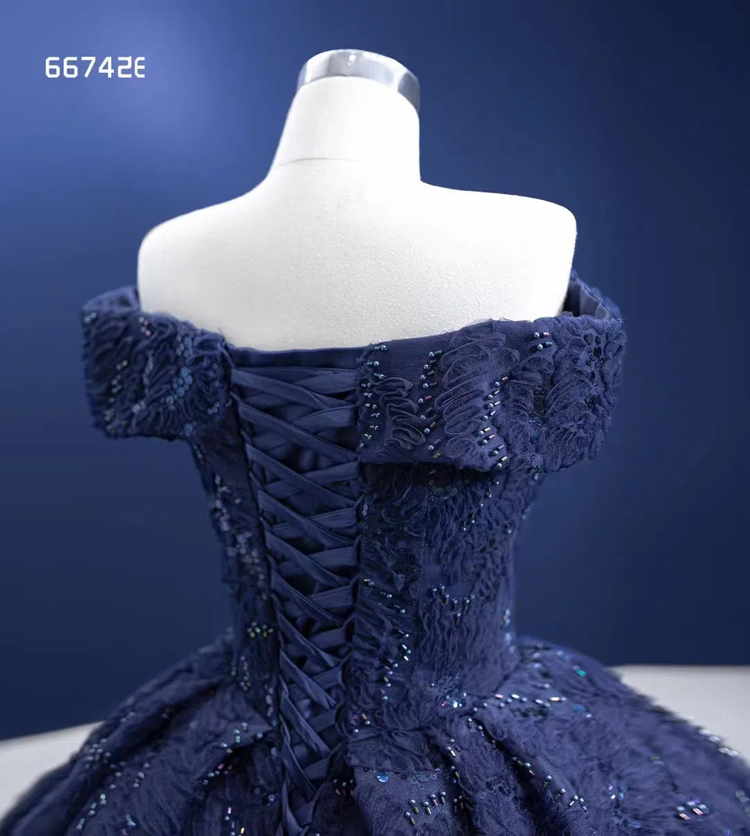 Dark Blue Ball Gown Wedding Dress Off the Shoulder Sweet 16 Dress 66742E-Quinceanera Dresses 2025 -Viniodress-Navy Blue-Custom Size-