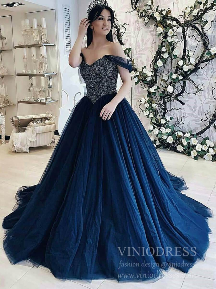 Prom Dress 2025 Dark Blue Beaded Long Prom Dresses Off the Shoulder Princess Dress FD1773B-unique prom dresses-Navy Blue-Custom Size-Viniodress