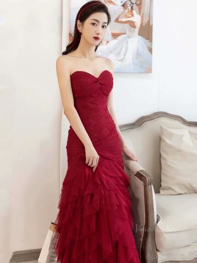 Dark Blue Ruffled Prom Dresses Strapless Sweetheart Neck Formal Dresses SU023-prom dresses 2025 -Viniodress-Blue-Custom Size-