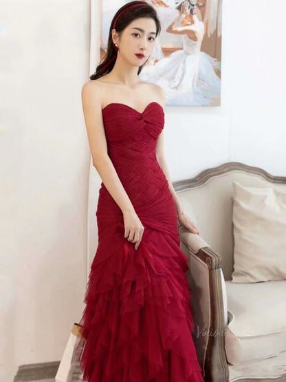 Dark Blue Ruffled Prom Dresses Strapless Sweetheart Neck Formal Dresses SU023-prom dresses 2025 -Viniodress-Blue-Custom Size-