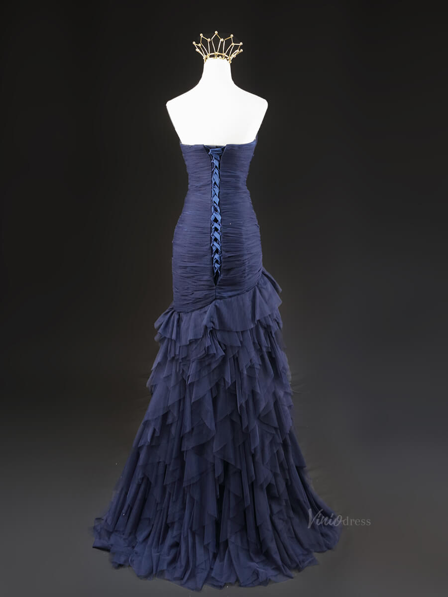 Dark Blue Ruffled Prom Dresses Strapless Sweetheart Neck Formal Dresses SU023-prom dresses 2025 -Viniodress-Blue-Custom Size-