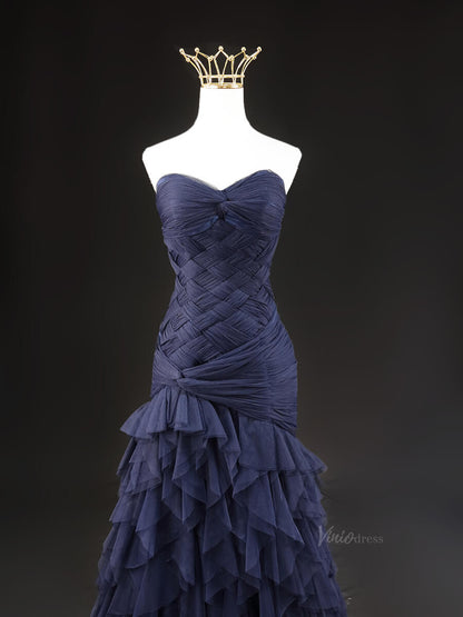Dark Blue Ruffled Prom Dresses Strapless Sweetheart Neck Formal Dresses SU023-prom dresses 2025 -Viniodress-Blue-Custom Size-