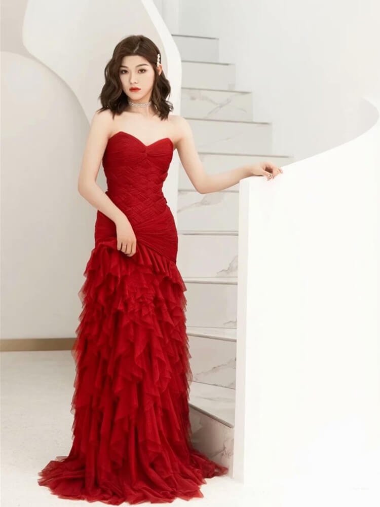 Dark Blue Ruffled Prom Dresses Strapless Sweetheart Neck Formal Dresses SU023-prom dresses 2025 -Viniodress-Blue-Custom Size-