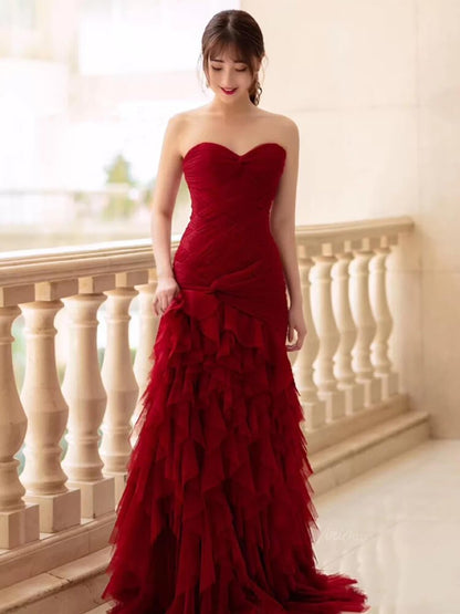 Dark Blue Ruffled Prom Dresses Strapless Sweetheart Neck Formal Dresses SU023-prom dresses 2025 -Viniodress-Blue-Custom Size-
