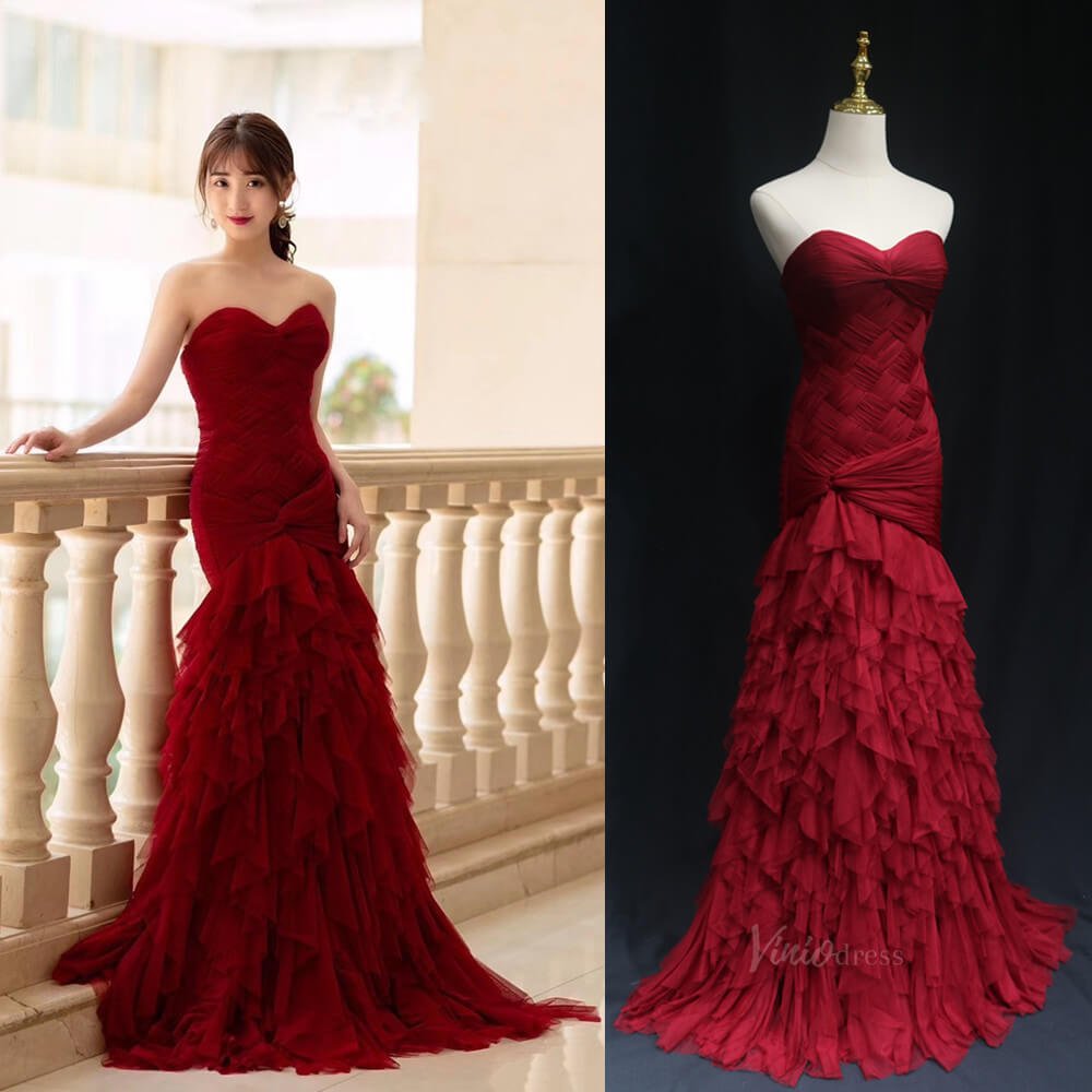 Dark Blue Ruffled Prom Dresses Strapless Sweetheart Neck Formal Dresses SU023-prom dresses 2025 -Viniodress-Red-Custom Size-