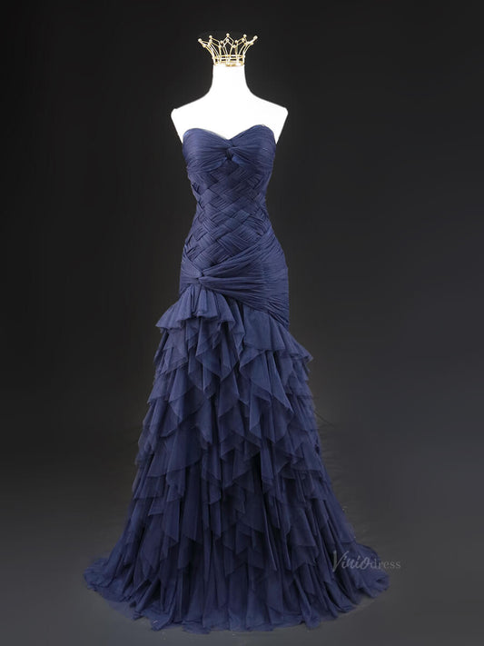 Dark Blue Ruffled Prom Dresses Strapless Sweetheart Neck Formal Dresses SU023 - Viniodressprom dressesBlueCustom Size - Formal Dresses - Ball Gowns