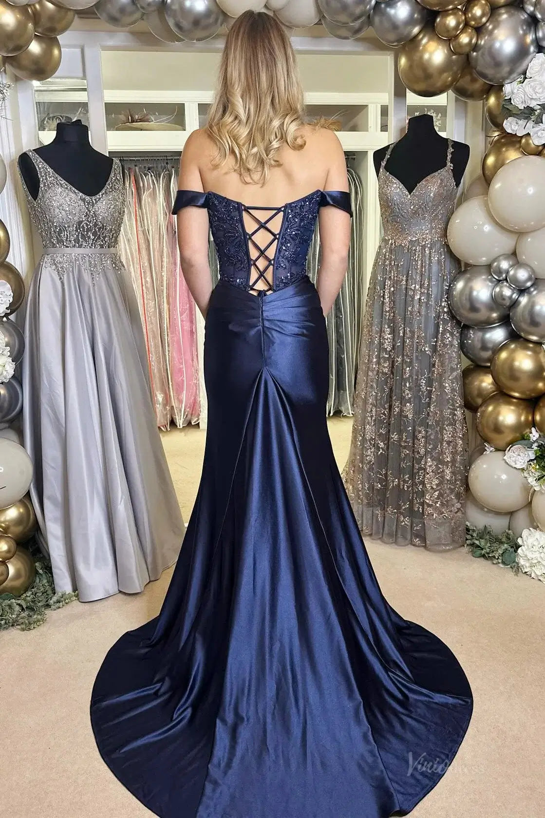 Dark Blue Satin Mermaid Prom Dresses 2025 with Lace Applique & Slit – FD5075