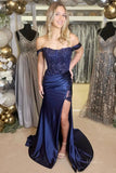 Dark Blue Satin Mermaid Prom Dresses 2025 with Lace Applique & Slit – FD5075