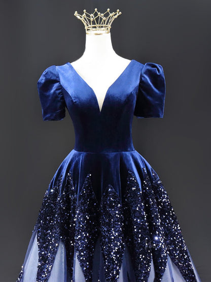 Dark Blue Sequin Tulle Prom Dresses with Puffed Sleeve, V-Neck, Velvet Bodice, Quinceanera Dresses SU025-prom dresses 2025 -Viniodress-Blue-Custom Size-