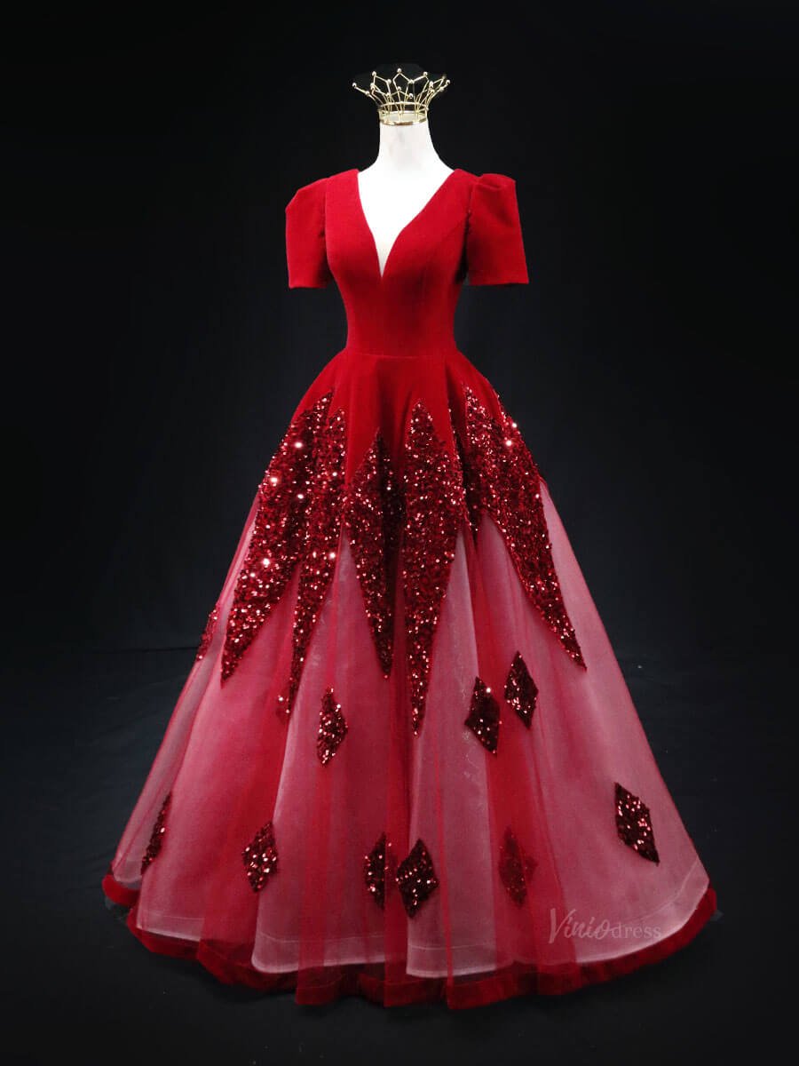 Dark Blue Sequin Tulle Prom Dresses with Puffed Sleeve, V-Neck, Velvet Bodice, Quinceanera Dresses SU025-prom dresses 2025 -Viniodress-Blue-Custom Size-