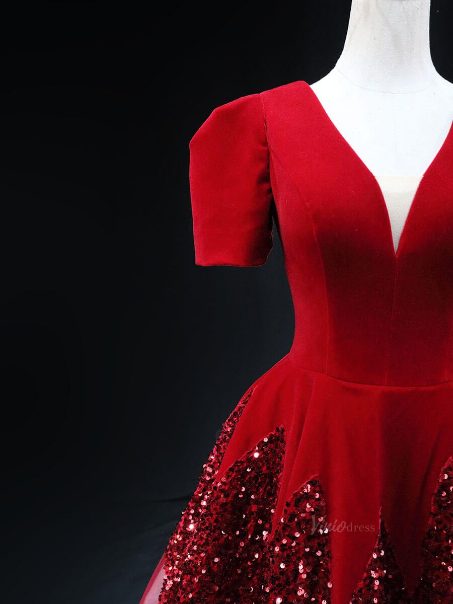 Dark Blue Sequin Tulle Prom Dresses with Puffed Sleeve, V-Neck, Velvet Bodice, Quinceanera Dresses SU025-prom dresses 2025 -Viniodress-Blue-Custom Size-