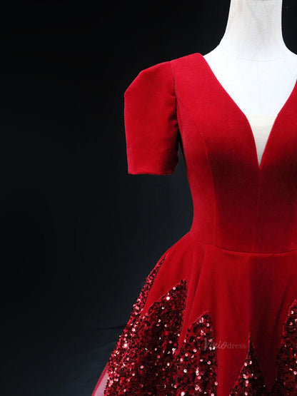 Dark Blue Sequin Tulle Prom Dresses with Puffed Sleeve, V-Neck, Velvet Bodice, Quinceanera Dresses SU025-prom dresses 2025 -Viniodress-Blue-Custom Size-