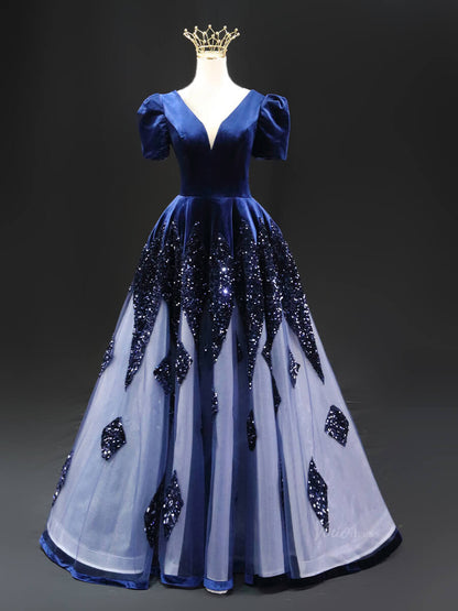Dark Blue Sequin Tulle Prom Dresses with Puffed Sleeve, V-Neck, Velvet Bodice, Quinceanera Dresses SU025-prom dresses 2025 -Viniodress-Blue-Custom Size-