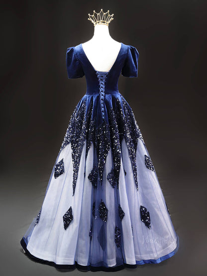 Dark Blue Sequin Tulle Prom Dresses with Puffed Sleeve, V-Neck, Velvet Bodice, Quinceanera Dresses SU025-prom dresses 2025 -Viniodress-Blue-Custom Size-