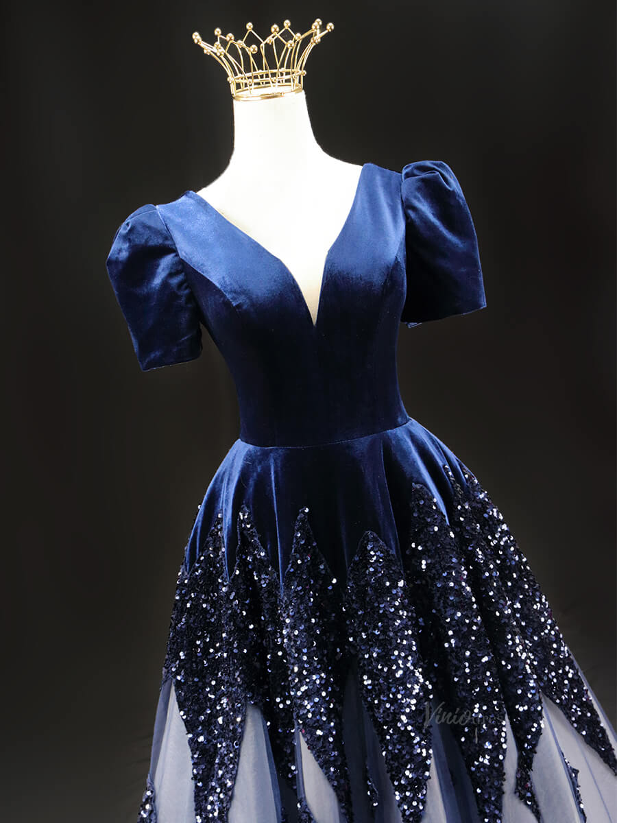 Dark Blue Sequin Tulle Prom Dresses with Puffed Sleeve, V-Neck, Velvet Viniodress Dark Blue Sequin Tulle Prom Dresses with Puffed Sleeve, V-Neck, Velvet Viniodress