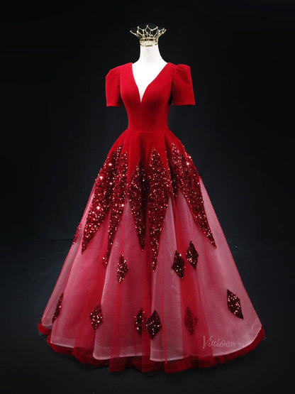 Dark Blue Sequin Tulle Prom Dresses with Puffed Sleeve, V-Neck, Velvet Bodice, Quinceanera Dresses SU025-prom dresses 2025 -Viniodress-Blue-Custom Size-