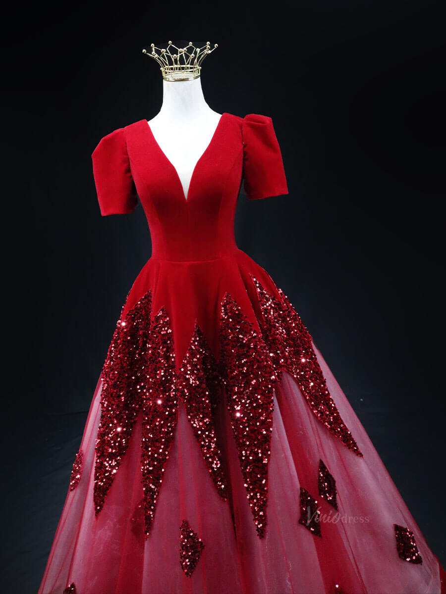 Dark Blue Sequin Tulle Prom Dresses with Puffed Sleeve, V-Neck, Velvet Bodice, Quinceanera Dresses SU025-prom dresses 2025 -Viniodress-Blue-Custom Size-