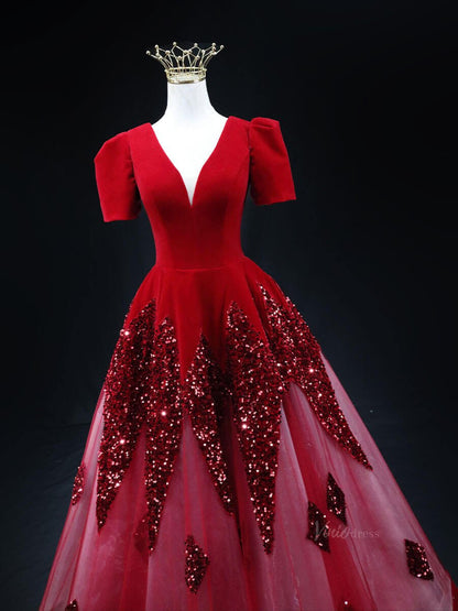 Dark Blue Sequin Tulle Prom Dresses with Puffed Sleeve, V-Neck, Velvet Bodice, Quinceanera Dresses SU025-prom dresses 2025 -Viniodress-Blue-Custom Size-