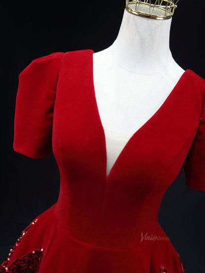 Dark Blue Sequin Tulle Prom Dresses with Puffed Sleeve, V-Neck, Velvet Bodice, Quinceanera Dresses SU025-prom dresses 2025 -Viniodress-Blue-Custom Size-