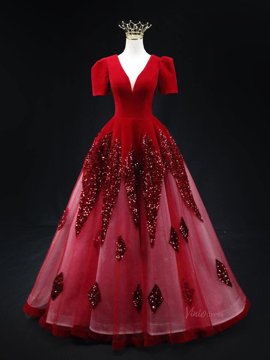 Dark Blue Sequin Tulle Prom Dresses with Puffed Sleeve, V-Neck, Velvet Bodice, Quinceanera Dresses SU025-prom dresses 2025 -Viniodress-Red-Custom Size-