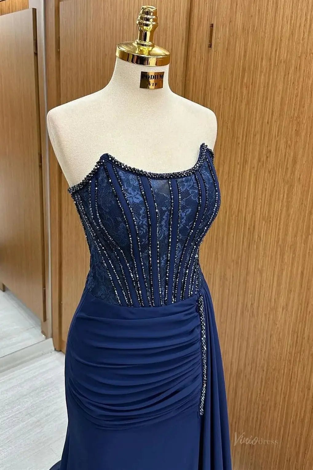 Dark Blue Sheath Chiffon Prom Dress 2025 with Slit & Beaded Bodice – FD5002-prom dresses 2025 -Viniodress-Blue-Custom Size-