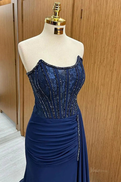 Dark Blue Sheath Chiffon Prom Dress 2025 with Slit & Beaded Bodice – FD5002-prom dresses 2025 -Viniodress-Blue-Custom Size-