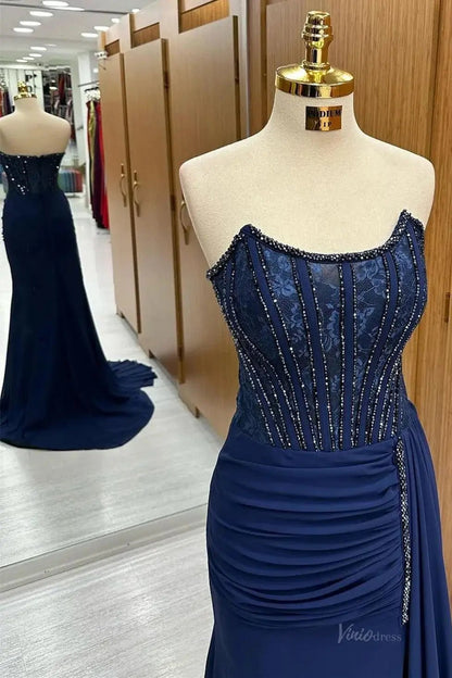 Dark Blue Sheath Chiffon Prom Dress 2025 with Slit & Beaded Bodice – FD5002-prom dresses 2025 -Viniodress-Blue-Custom Size-