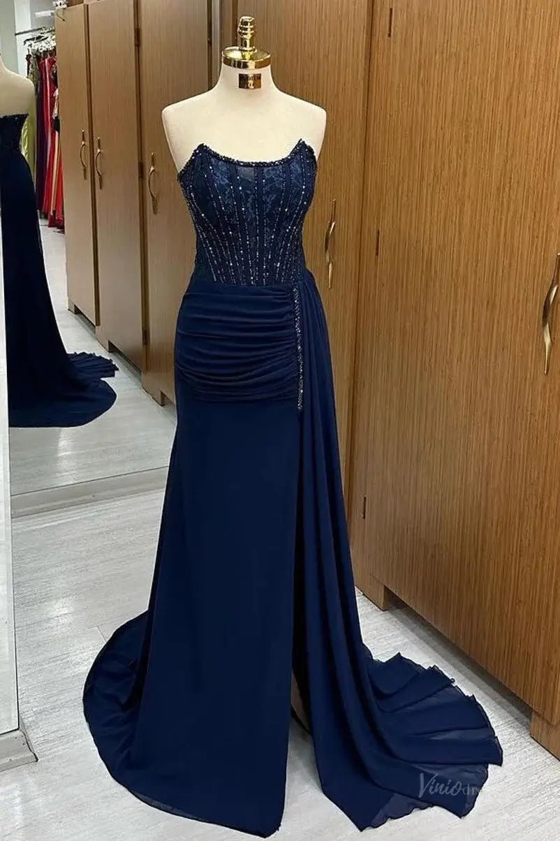 Dark Blue Sheath Chiffon Prom Dress 2025 with Slit & Beaded Bodice – FD5002-prom dresses 2025 -Viniodress-Blue-Custom Size-