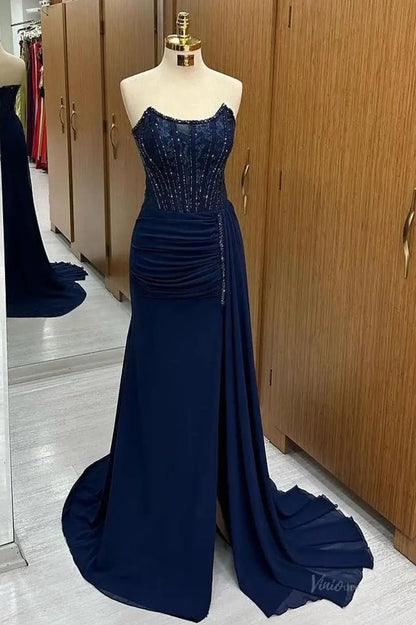 Dark Blue Sheath Chiffon Prom Dress 2025 with Slit & Beaded Bodice – FD5002-prom dresses 2025 -Viniodress-Blue-Custom Size-