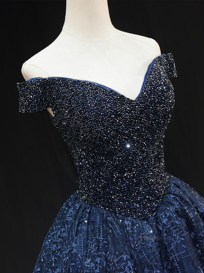 Dark Blue Sparkly Lace Prom Dresses with Beaded Bodice, Off the Shoulder Quinceanera Dresses SU010-prom dresses 2025 -Viniodress-Blue-Custom Size-