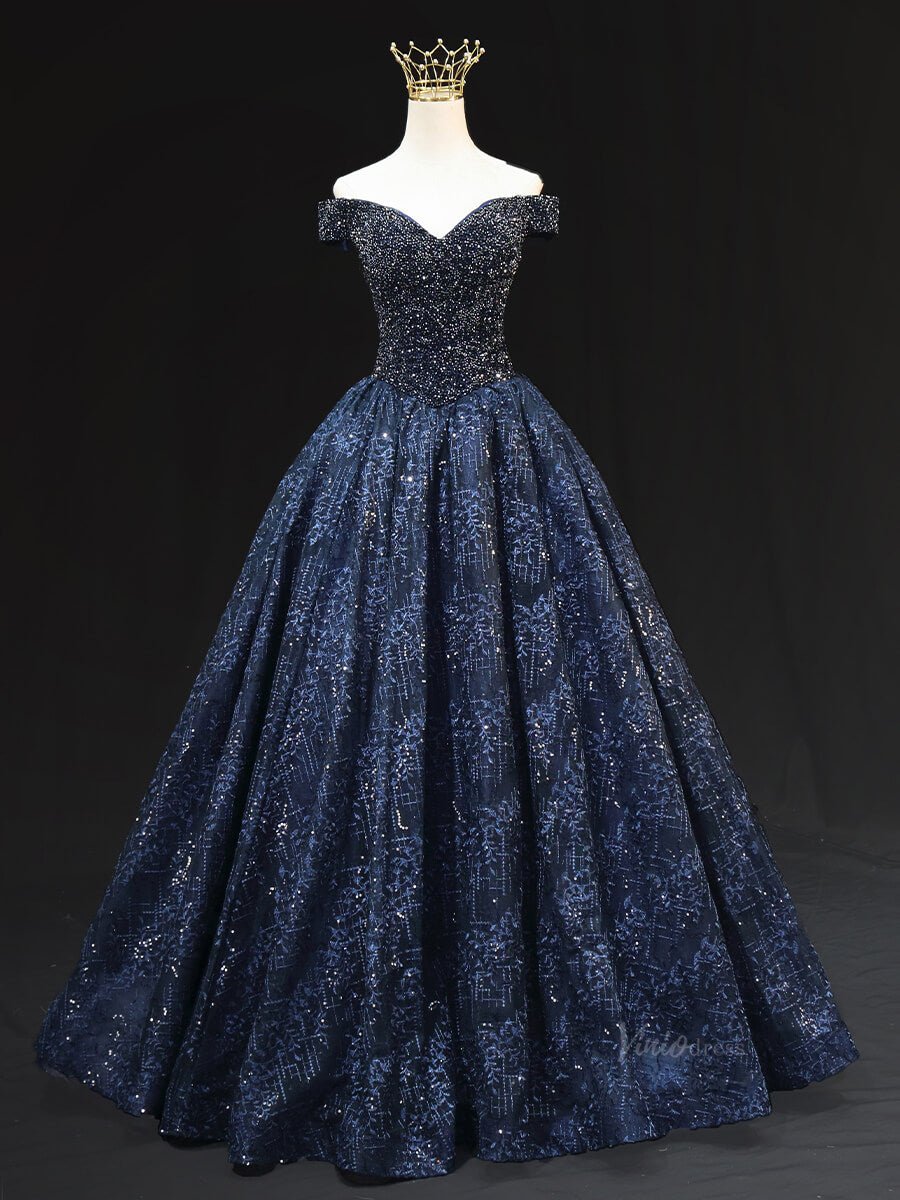 Dark Blue Sparkly Lace Prom Dresses with Beaded Bodice, Off the Shoulder Quinceanera Dresses SU010-prom dresses 2025 -Viniodress-Blue-Custom Size-
